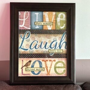 Beautiful, colorful “Live, Laugh, Love” print in glass frame.